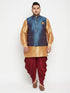 Vastramay Men's Plus Size Blue Zari Weaved Nehru Jacket With Curved Kurta Dhoti set